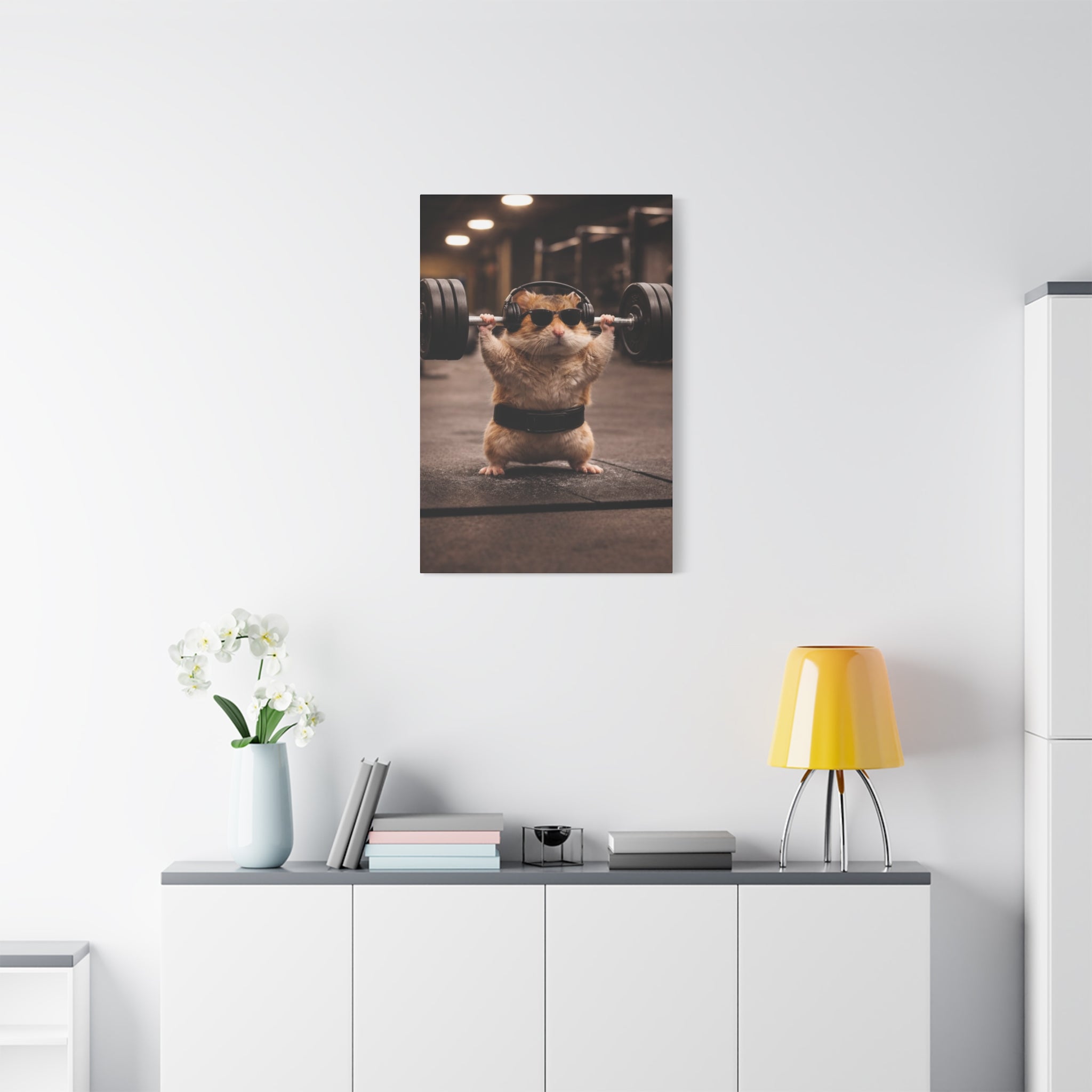 Gym Hamster Canvas Print — Cute Weightlifting Pet Wall Art