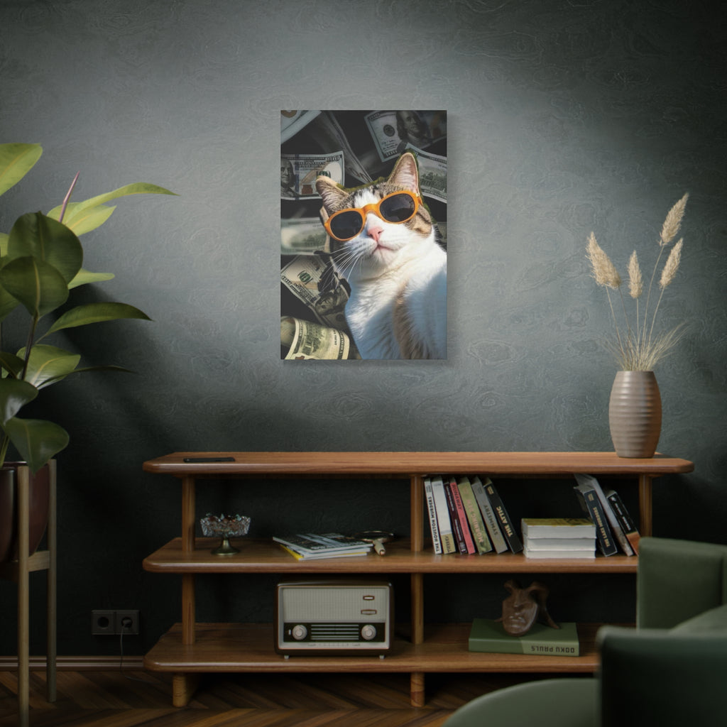 Cool Cat with Sunglasses Canvas Print — Money Background Matte Stretched Wall Art