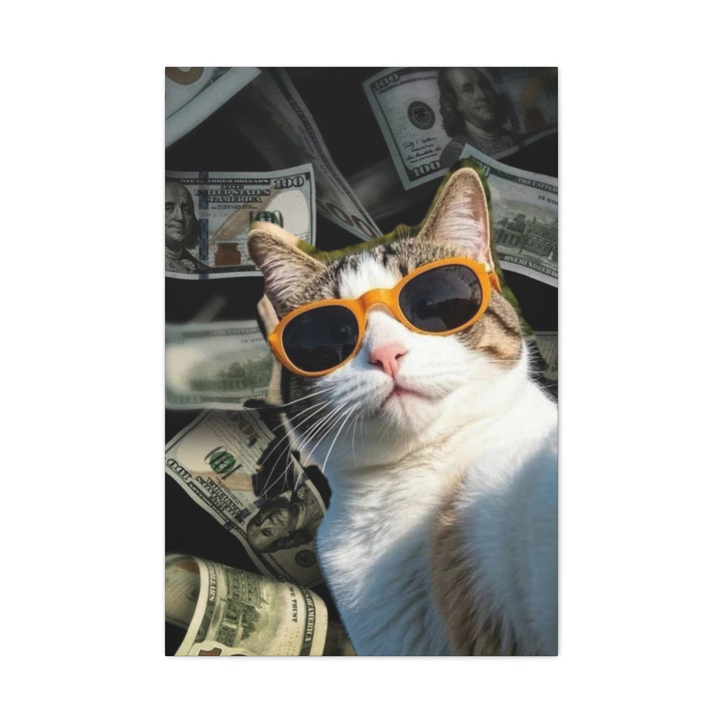 Cool Cat with Sunglasses Canvas Print — Money Background Matte Stretched Wall Art