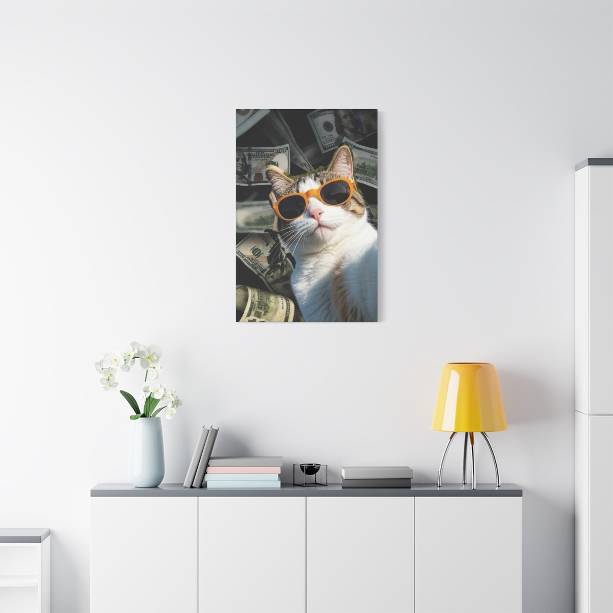 Cool Cat with Sunglasses Canvas Print — Money Background Matte Stretched Wall Art