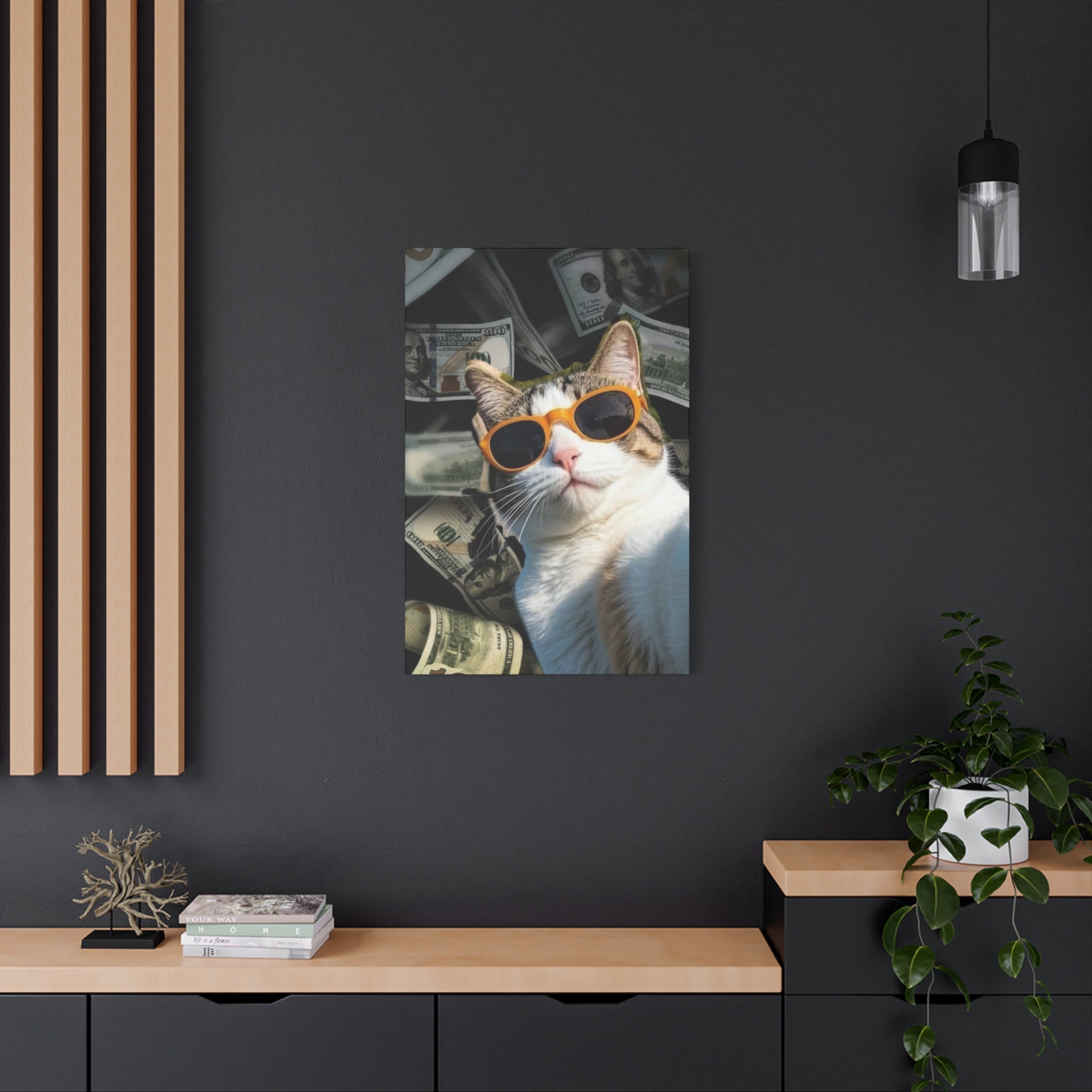 Cool Cat with Sunglasses Canvas Print — Money Background Matte Stretched Wall Art