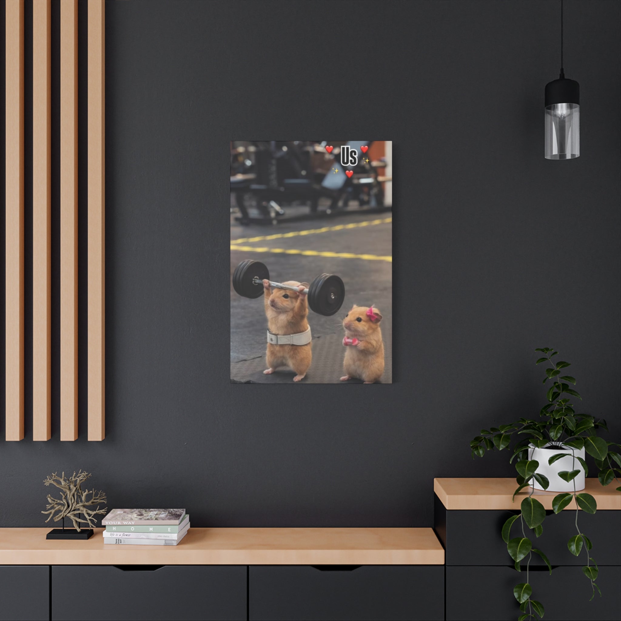Gym Hamster Canvas Wall Art - 'Us' Cute Weightlifting Rodent Print