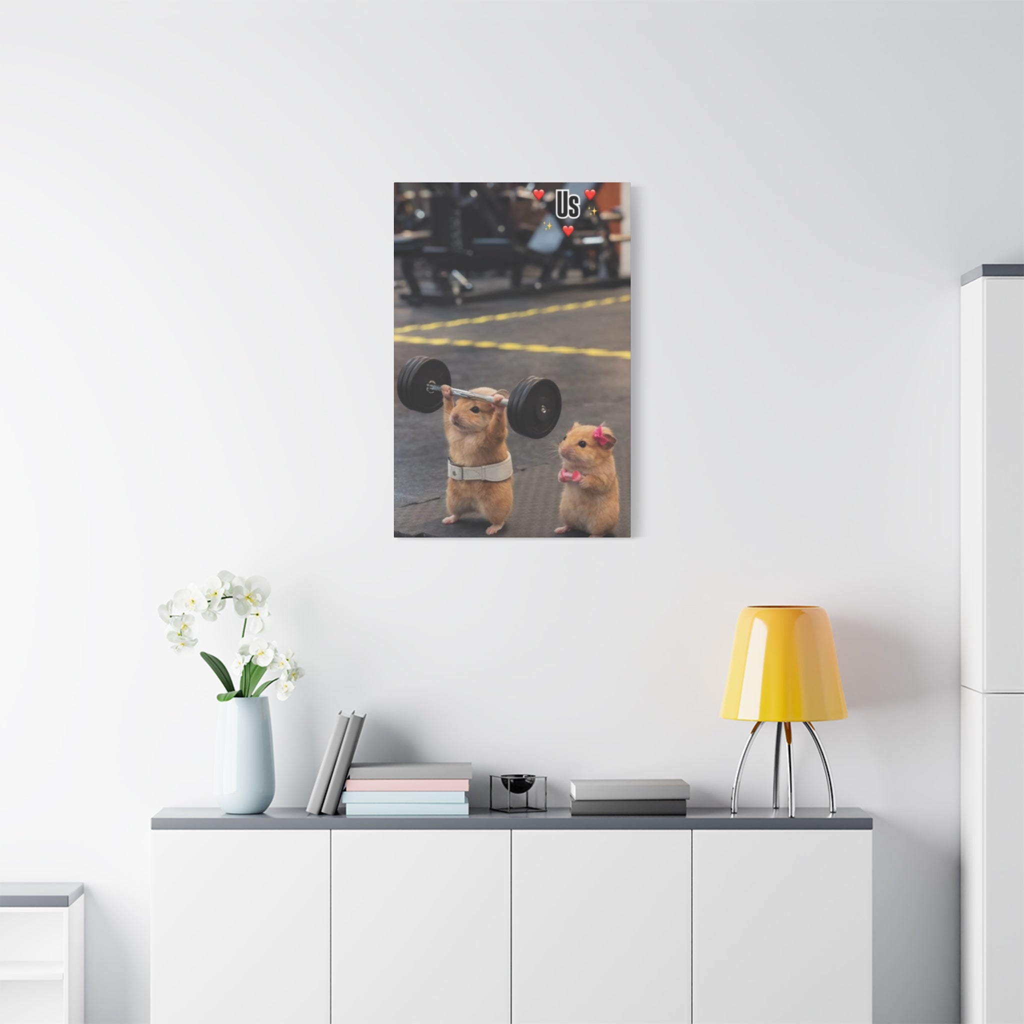 Gym Hamster Canvas Wall Art - 'Us' Cute Weightlifting Rodent Print
